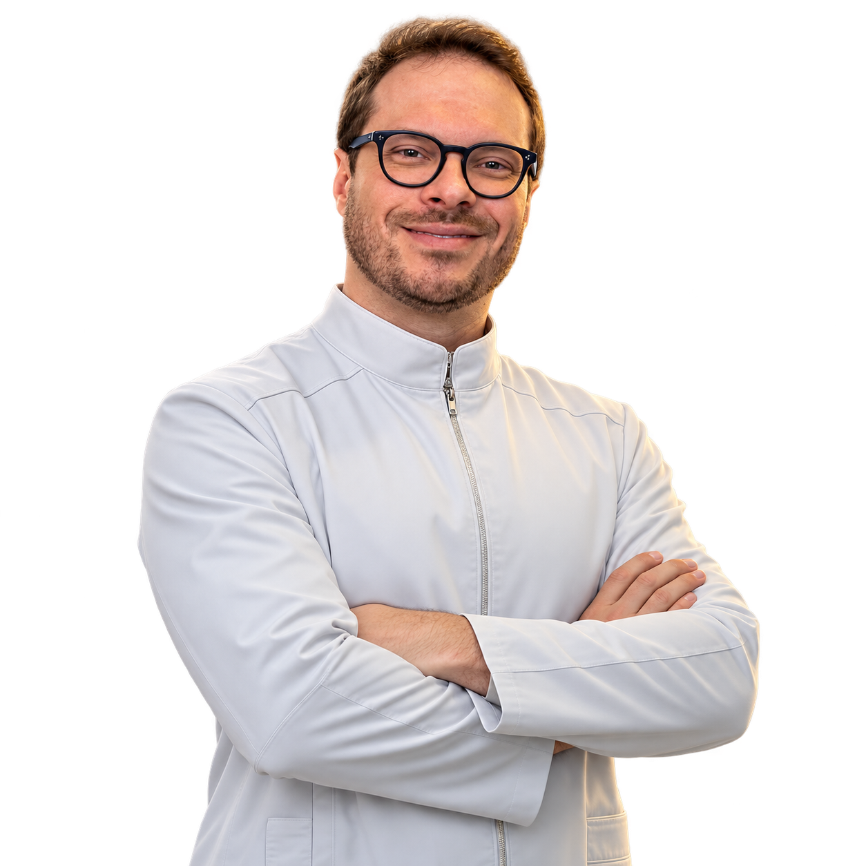 Retrato de estúdio derivado de fotos reais de Felipe Masiero, com óculos e jaleco branco